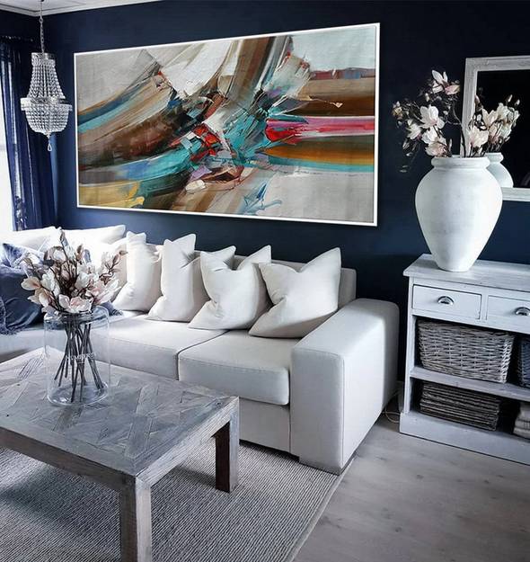 Color Handmade Umber Contemporary Blue Abstract Canvas Wall Art 97WHQ